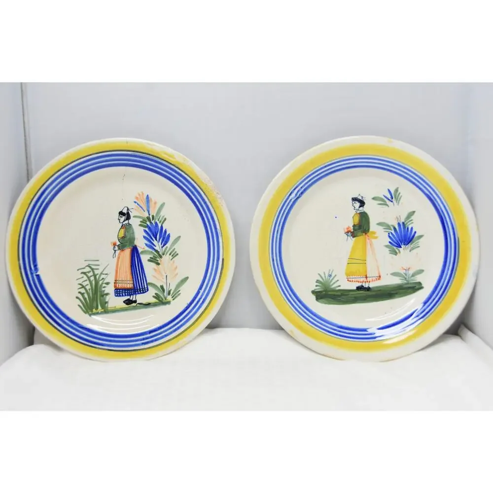 Henriot Quimper Petit Breton Primitive French Faïence Figural Plates, Set of 2